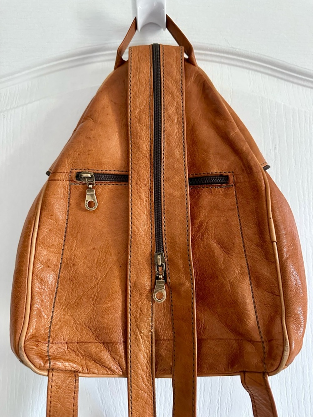VINTAGE HANDMADE FULL GRAIN MOROCCAN BROWN LEATHER BACKPACK BAG - Picture 5 of 9